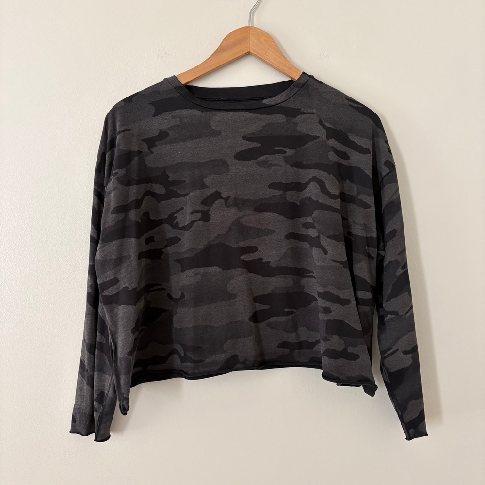 Planet by Lauren G Top OSFA Grey Camo Cropped Pima Cotton Long Sleeve Boxy